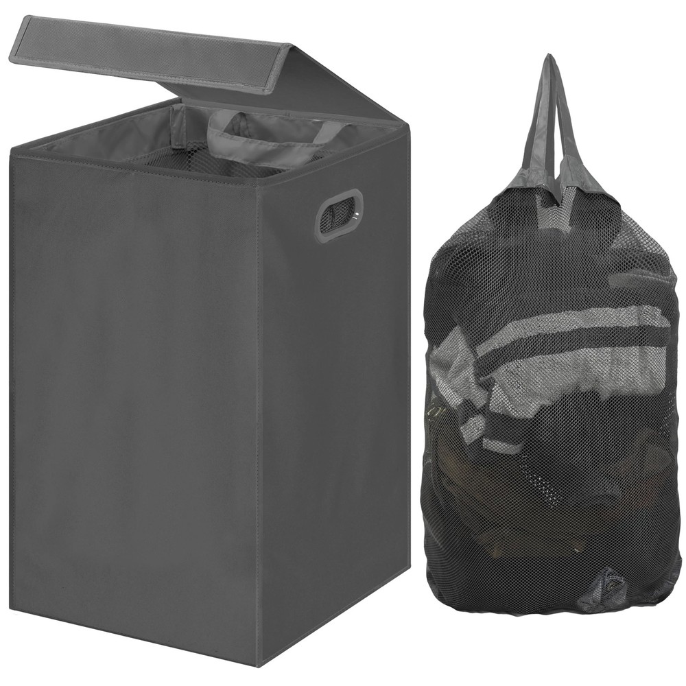 Foldable Laundry Hamper Basket with Lid and Removable Bag, Dark Gray