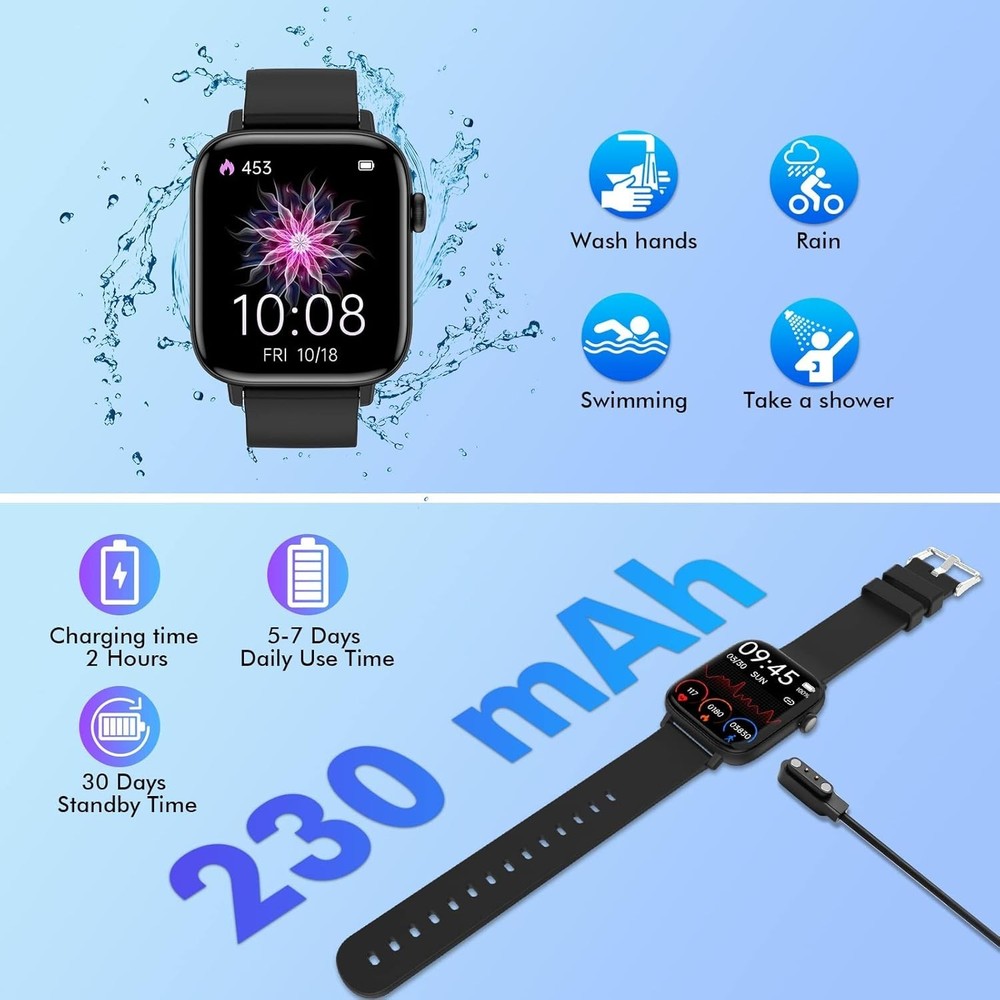 Waterproof 1.9" Smart Watch - Heart Rate & Sleep Tracker for iOS/Android