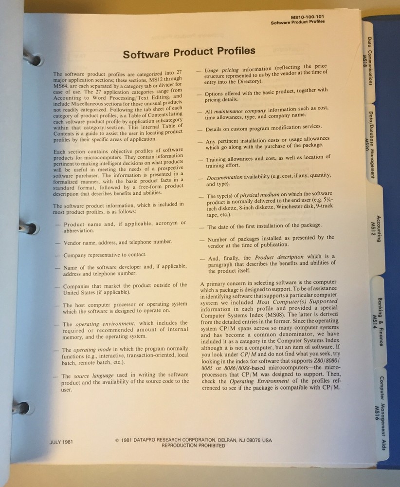 Vintage 1982 DATAPRO Directory Of Microcomputer Software Binder 1 & 2