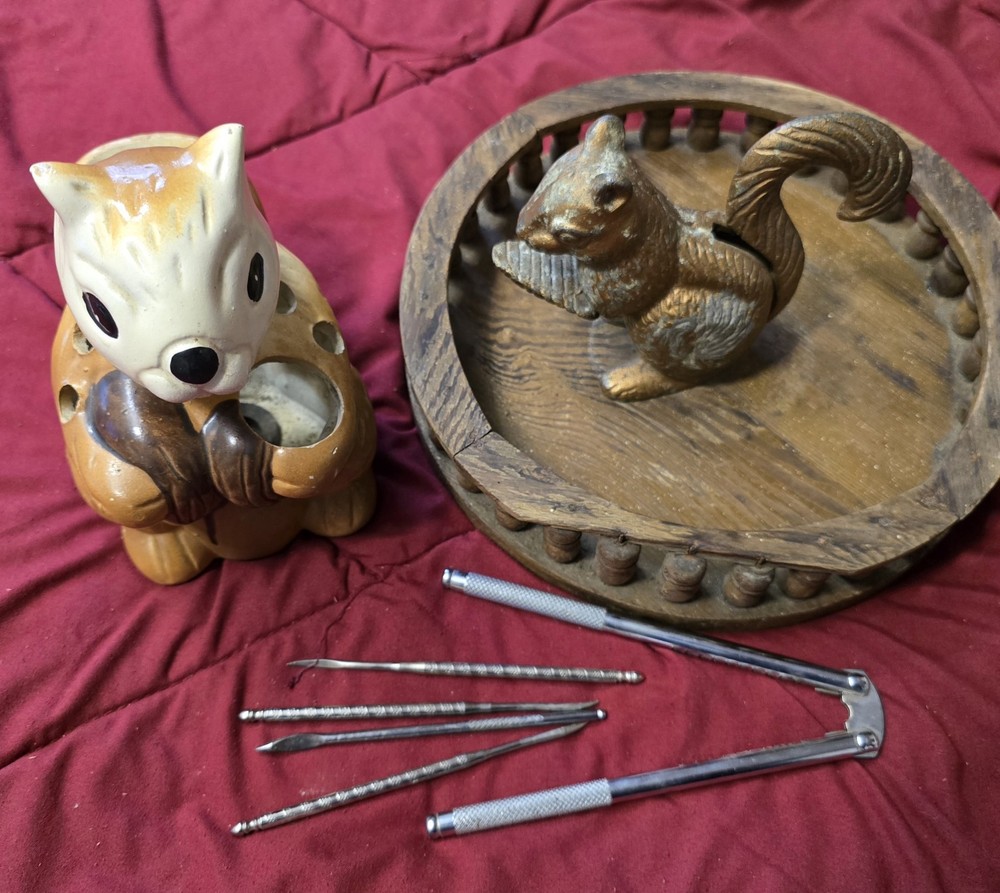 GO NUTS! TWO Vintage Squirrel Nutters-Cracker, Caddy, & Utensils!