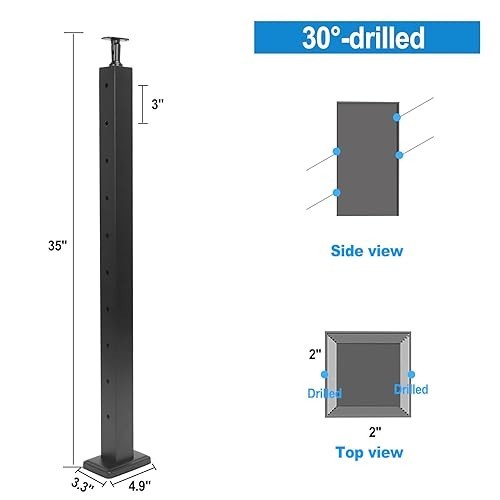 36" Adjustable Stainless Steel Stair Post for Cable Railing System - 30° Angle,