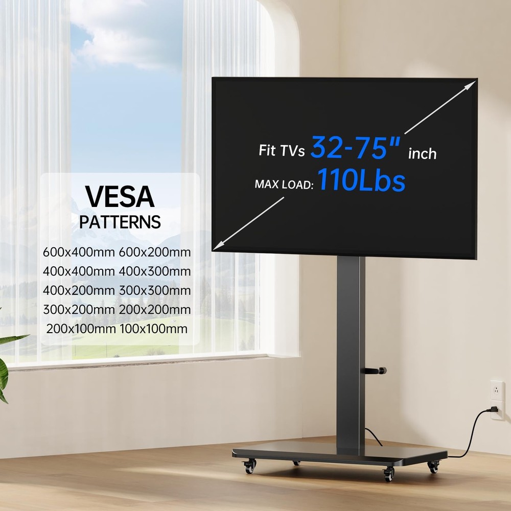 Mobile TV Stand with Power Outlet, Height Adjustable with Handle Stepless Lif...