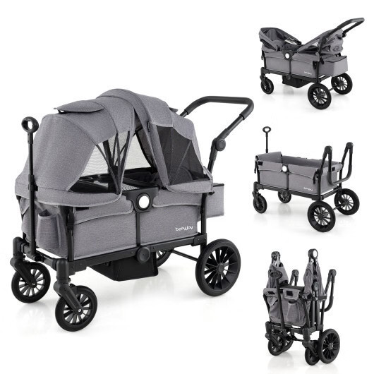 2 Seater Push Pull Collapsible Kids Wagon Stroller with Adjustable Handlebars-Bl