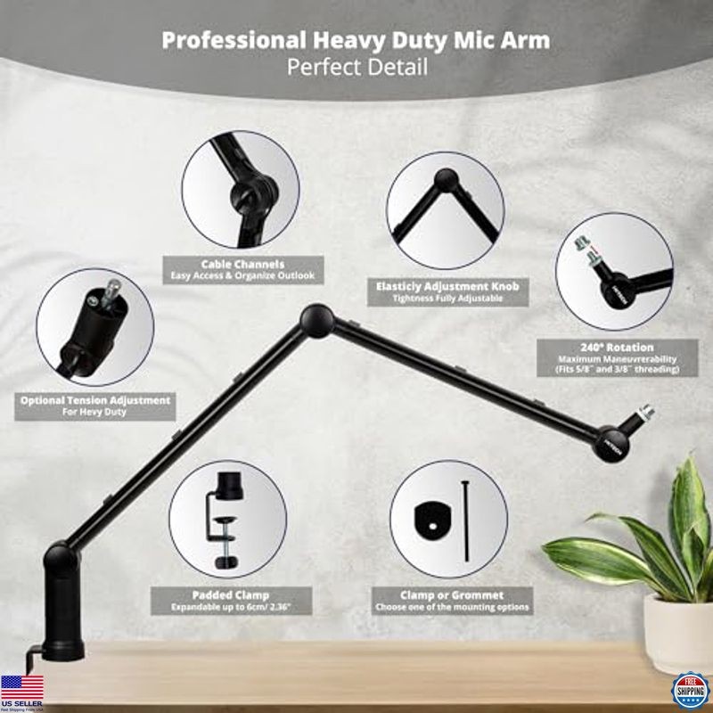 Adjustable Microphone Boom Arm with Desk Mount, 360° Rotatable, Foldable