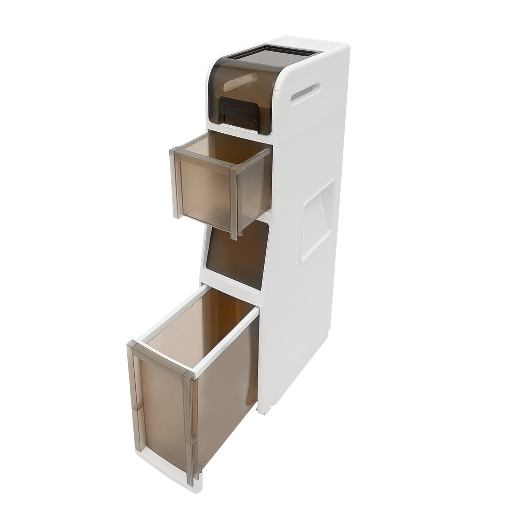 4 Tier White Rectangular Storage Cabinet With Drawers Bathroom Floor Cabinet