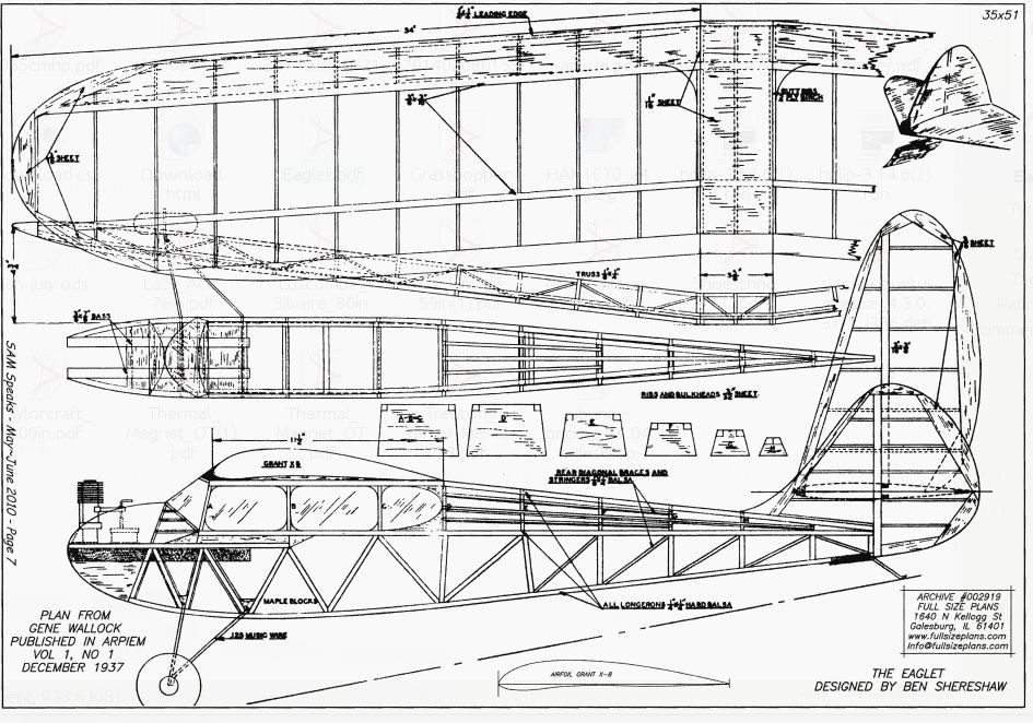 1937 EAGLET Old Timer Vintage Free flight RC AIrplane Printed Plans