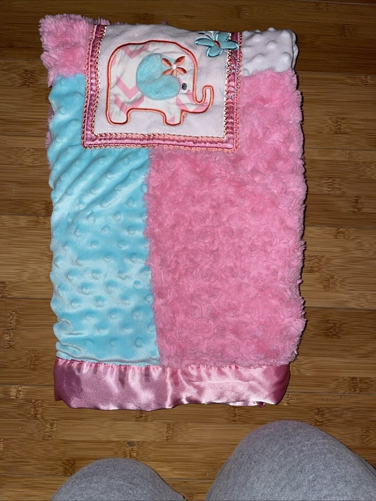 AD Sutton Son Pink Blue White Patchwork Elephant Baby Blanket Satin Minky Dot
