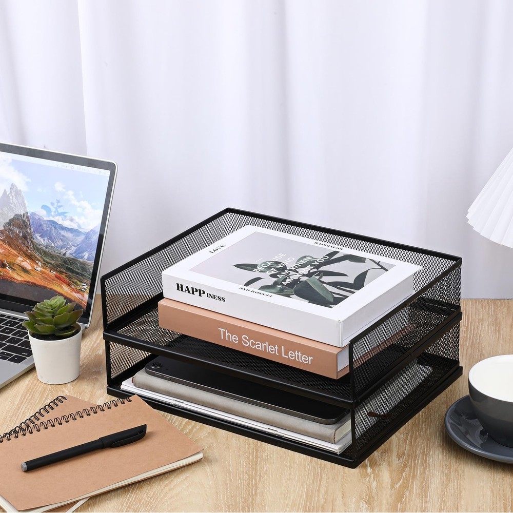 2 Pack Black Stackable Letter Tray, Wire Mesh, Transverse Load, Desk Organizer