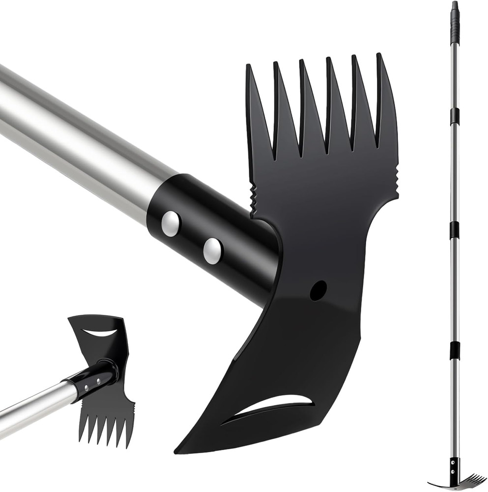 Long Handle Weed Puller Tool, 2-in-1 Weeder Rake & Garden Hoe for Easy Weeding