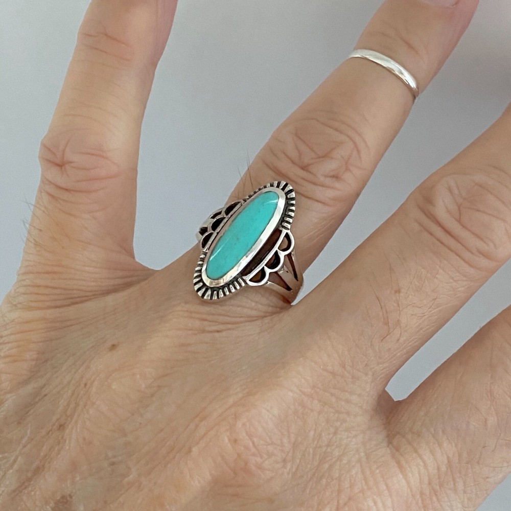 Sterling Silver Etched Oval Synthetic Turquoise Ring, Statement Stone Rings