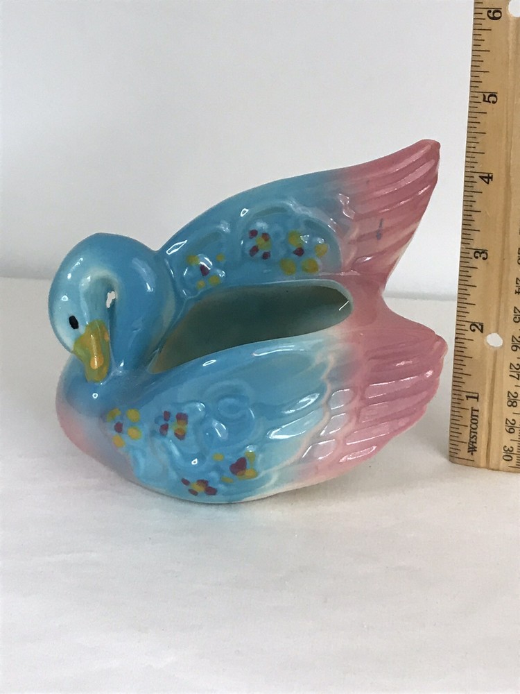 Vintage Blue Pink Swan Ceramic Planter