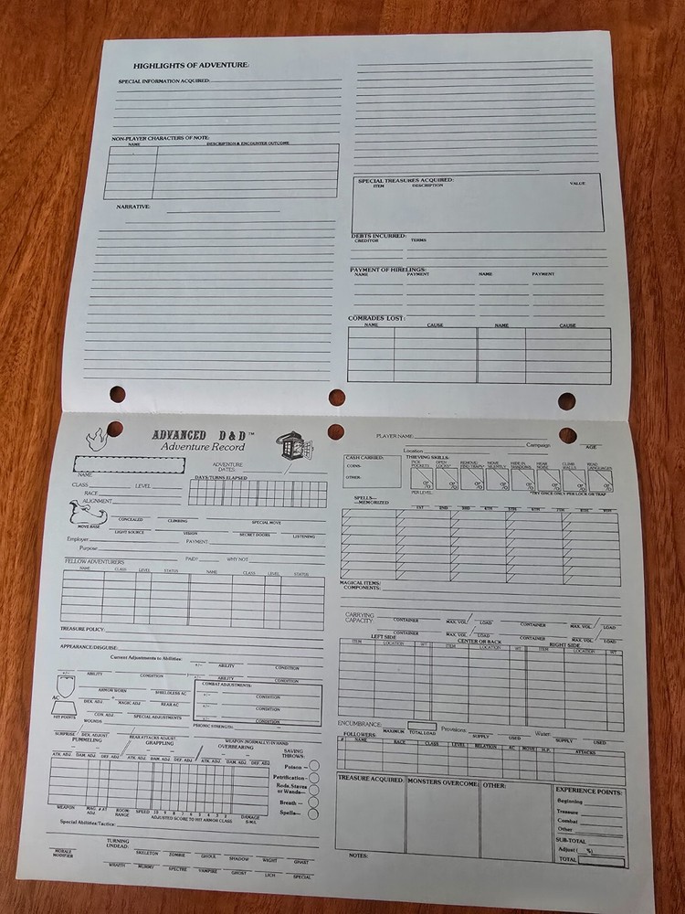 AD&D Adventure Record Double Sheets from Permanent Character Folder 9029 TSR