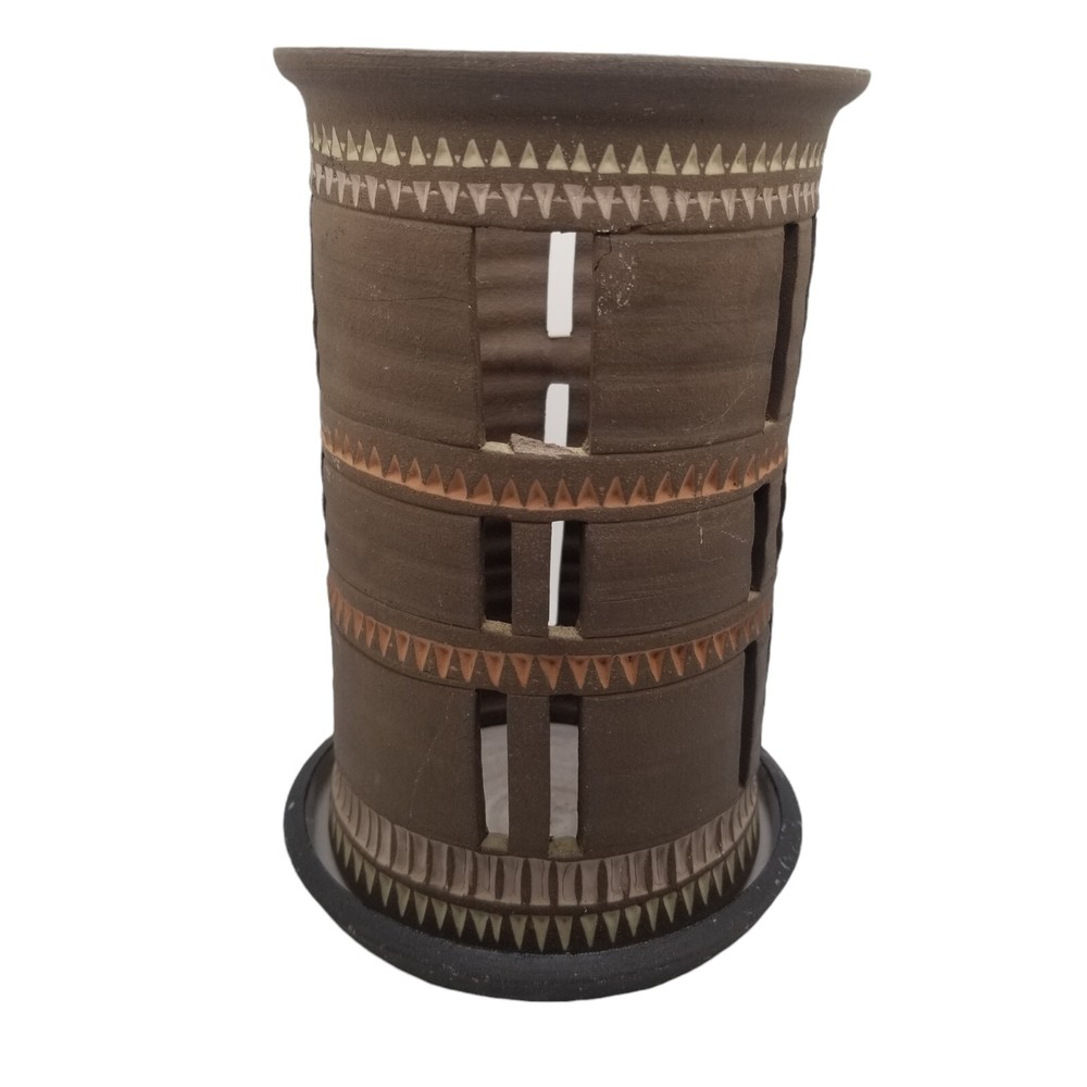 Studio Art Pottery MCM Pillar Candle Holder Signed BROMECK Brown Boho Eclectic