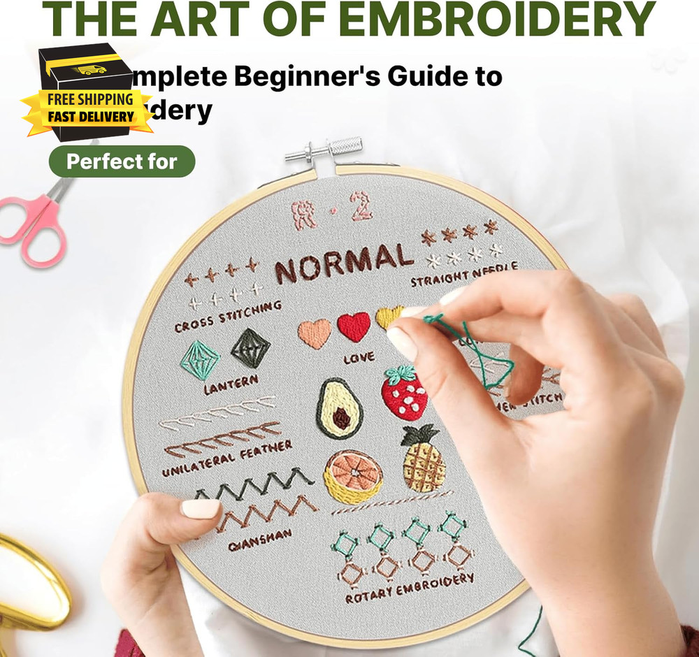 Embroidery Kit for Adults, Beginner DIY Starter Set, 4 Pack, 33 Stitch Technique
