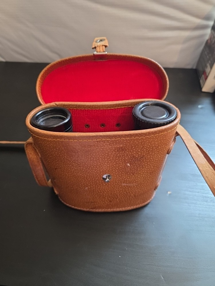 Vintage Brown Leather Binocular Case, Red Lining With Binoculars