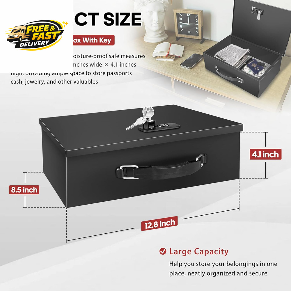 Fireproof Lock Box with Key and Combination Lock, Fire Safe Document Box,