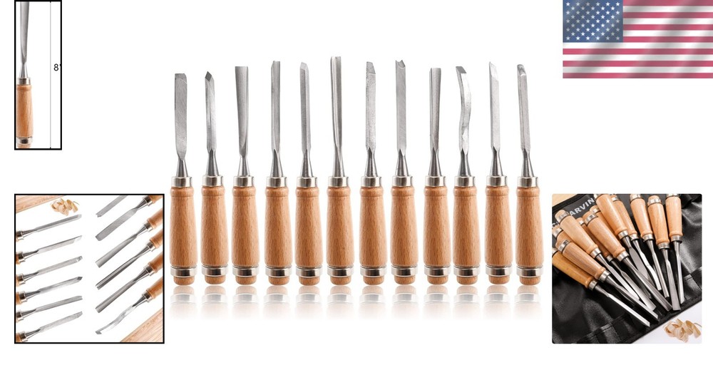 12 PCS Wood Carving Tools Set - Includes Gouges & Chisels for All Skill Levels