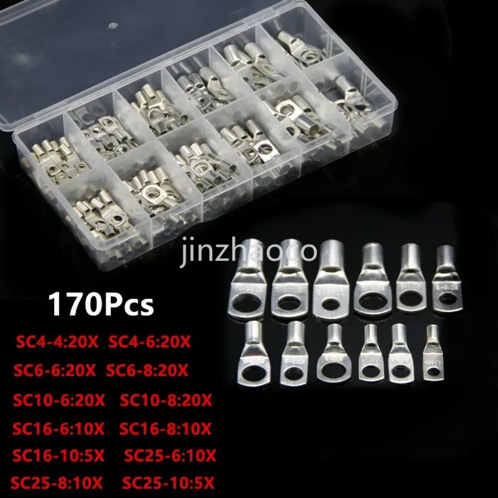 170PCS Assortment Copper Lug Ring Terminal Battery Cable Ends Wire Connector Kit