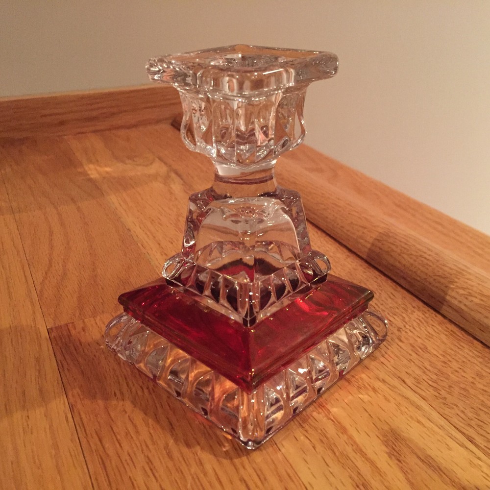 Westmoreland Wedding Pattern Ruby Flash Crystal Candlestick Pair ~ NWOB VTG