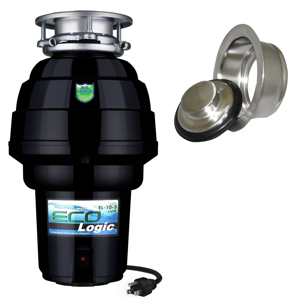 Eco Logic 1.25 HP Kitchen Garbage Disposal, Brushed Nickel Flange and Stopper