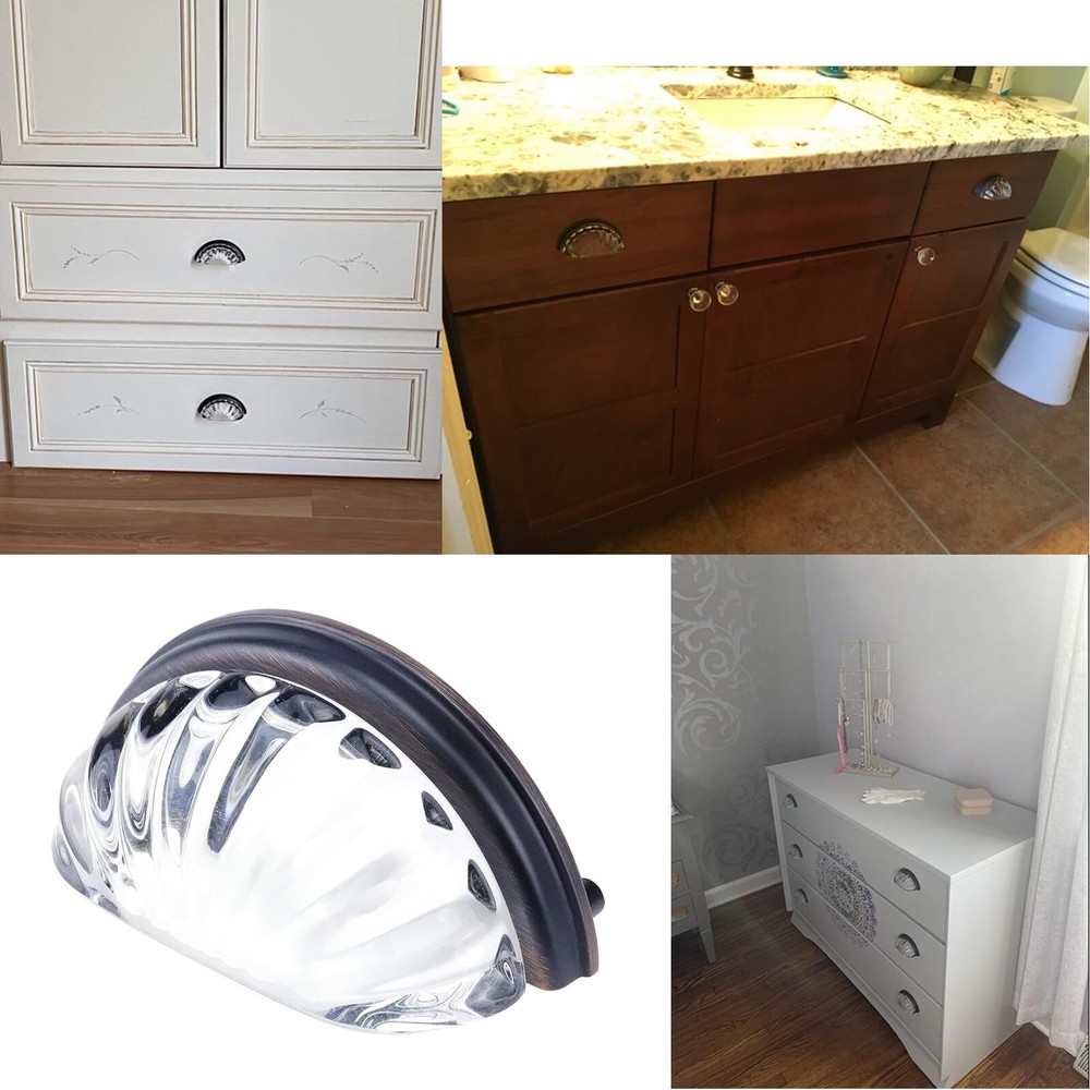 3" Hole Centers Clear Glass Cabinet Cup Pulls Scalloped Glass Round Cup Pull ...
