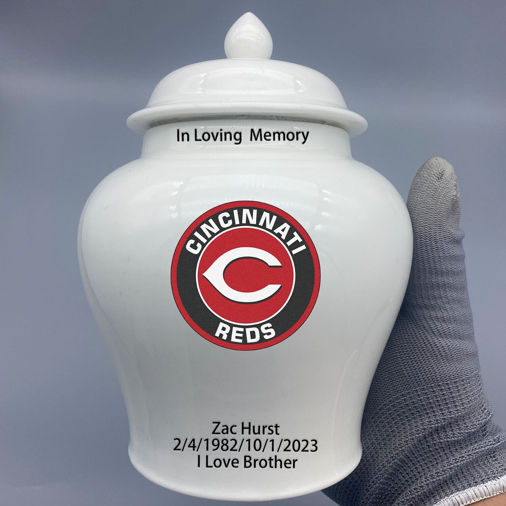 Ceramic Medium Urn for Cincinnati Reds Baseball Theme, Custom Text