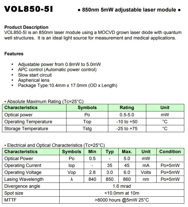 Variable IR Output Laser Diode Module 850nm, 0-5mW