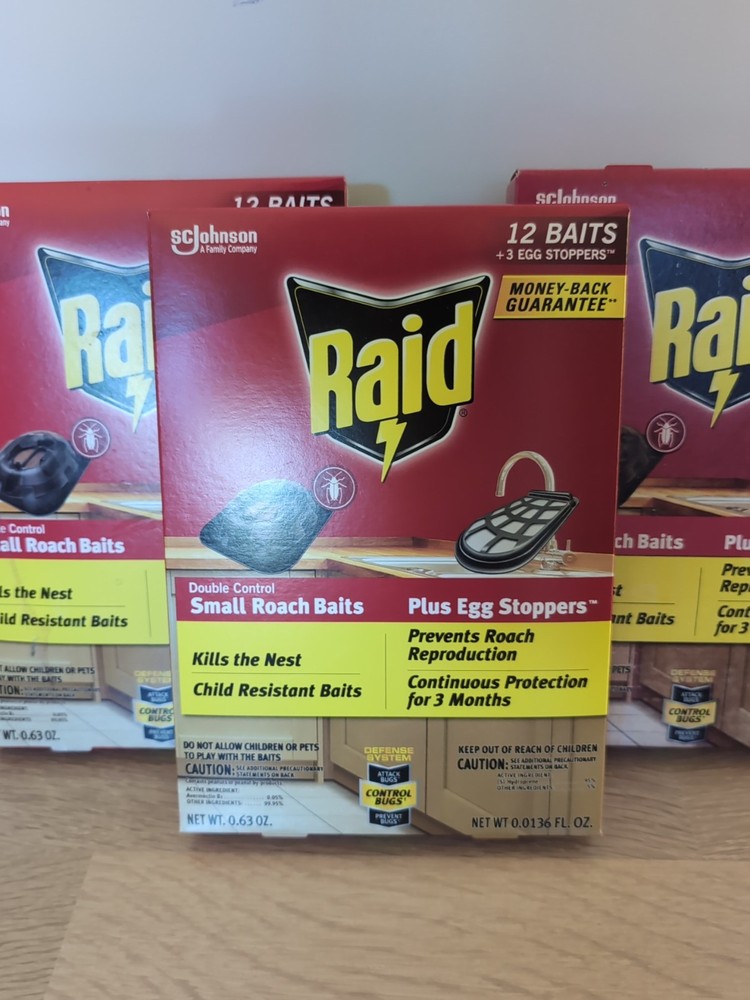 3 Raid Double Control 12 Small Roach Baits + 3 Egg Stoppers Kills & Sterilizes