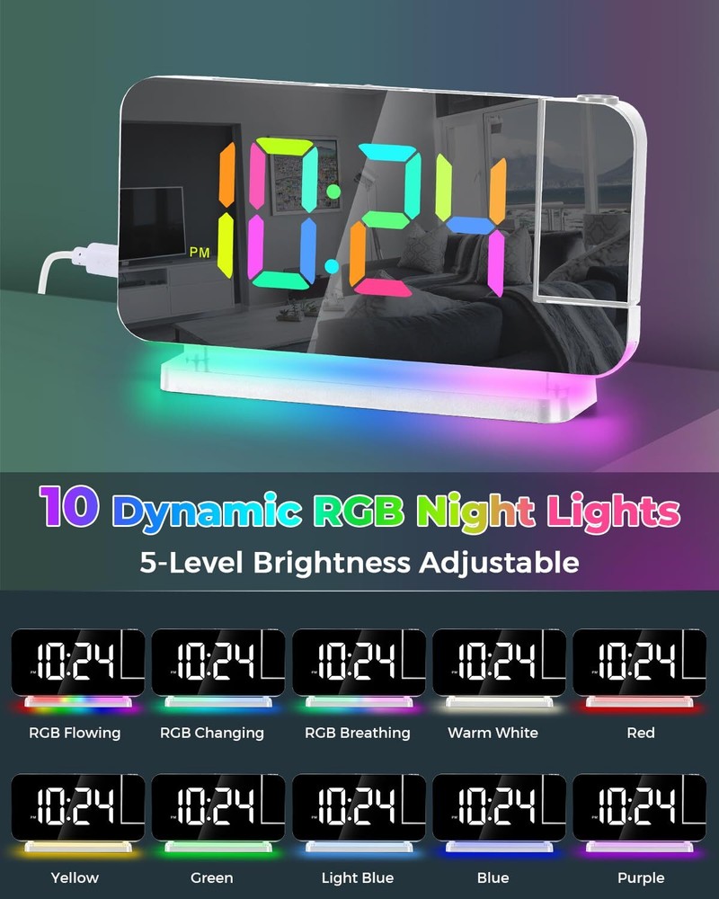 Digital Projection Alarm Clock with Rotatable LED Display and Modern Decor