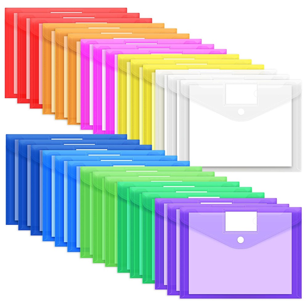 30 Pack 10 Color Plastic Envelopes Poly Envelopes, Hook & Loop Closure File F...