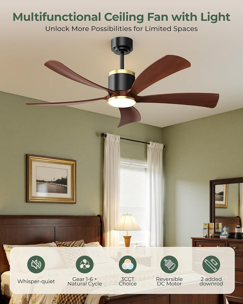 52" Walnut Ceiling Fan with Light, Remote, 6 Speeds, Energy Efficient
