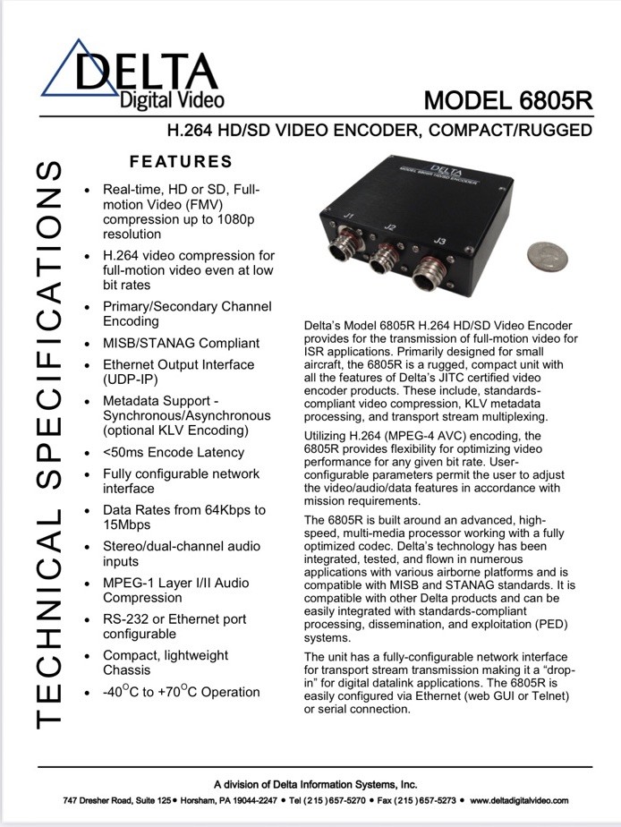 DELTA DIGITAL VIDEO ENCODER, 6805R H.264 HD/SD COMPACT / RUGGED, SMALL AIRCRAFT