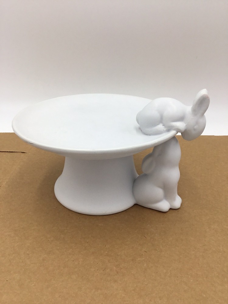 Haven 7.25" Two Figural Easter Bunnies Stoneware Cake Stand White