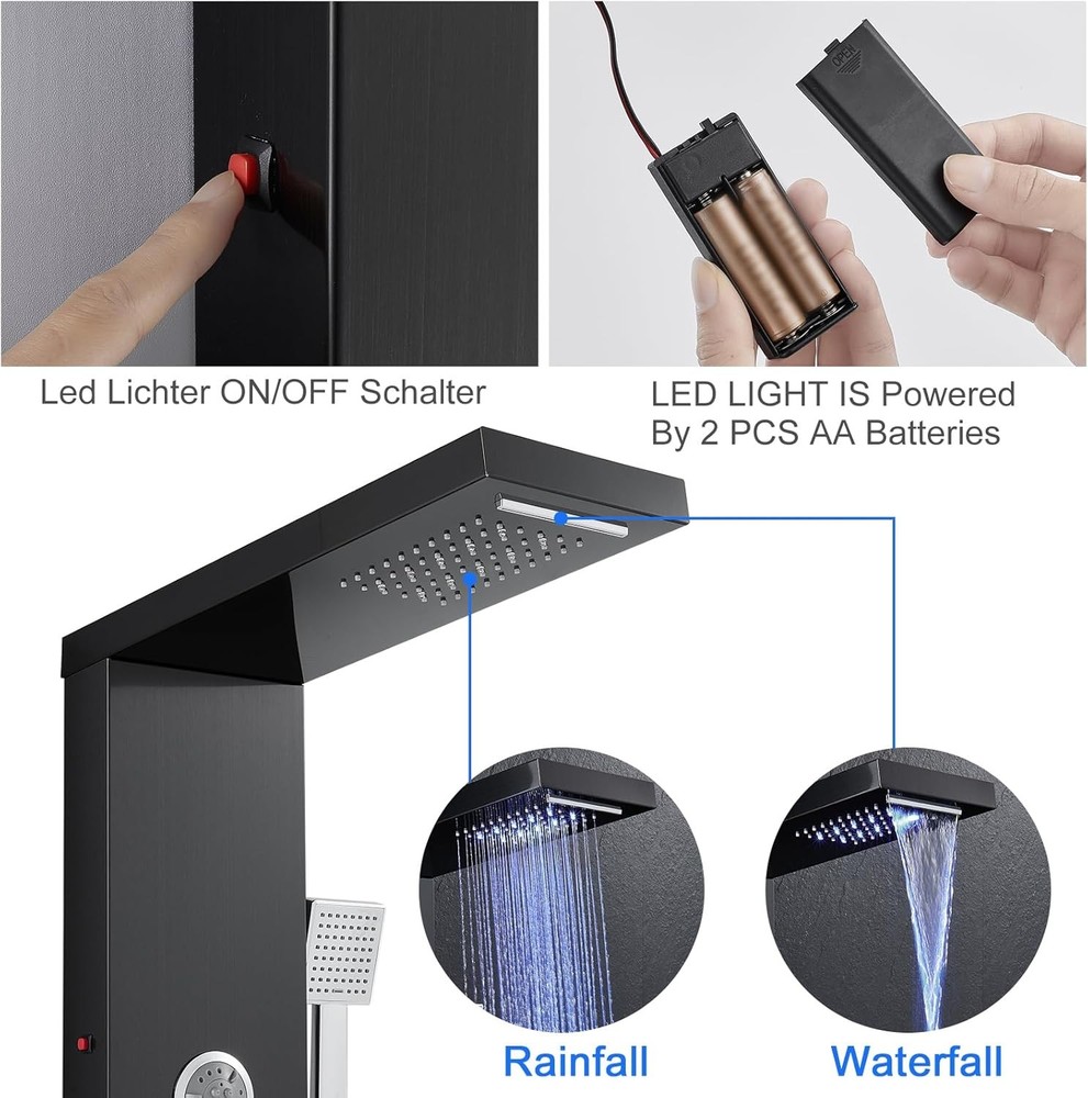 Multi-Function LED Lights Shower Panel System Black, 5 in 1 Shower Panel Include