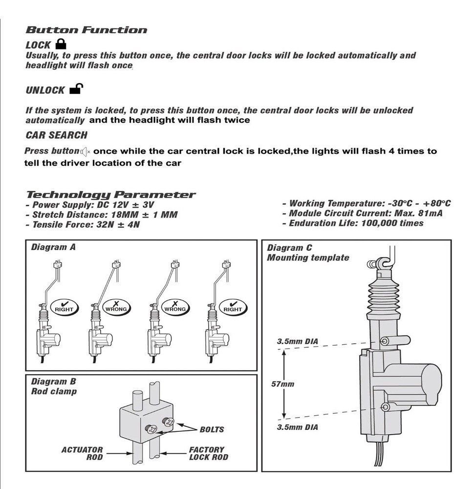 Remote Central Locking System Universal Kit for 4 Doors, Provides Keyless Entry