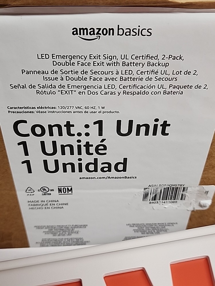 2PK Amazon Basics LED Emergency Exit Sign, Double Face Exit with Battery Backup