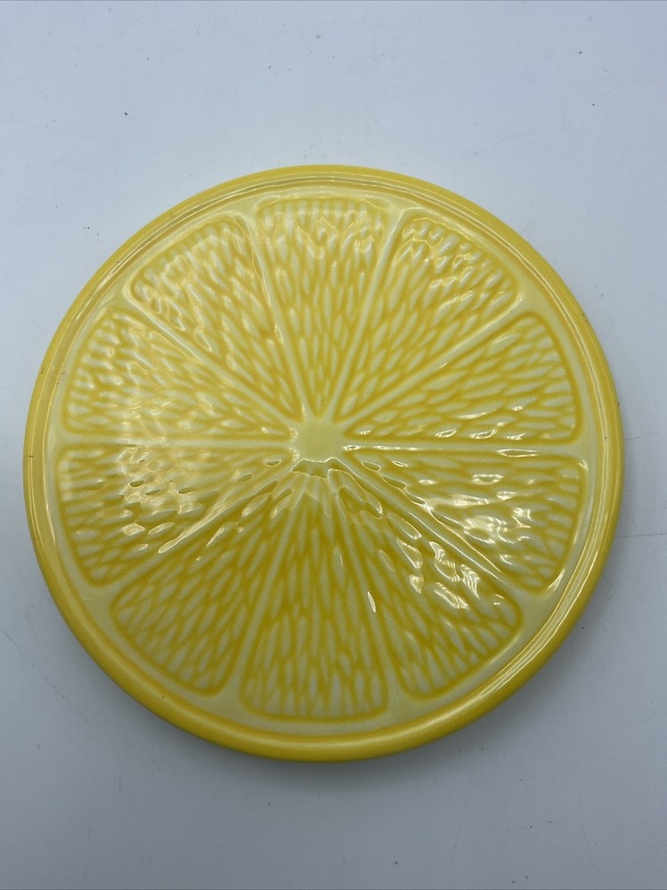 1990's Lemon 4" dia Round Gloss Ceramic Cork Backed Coasters Replacement