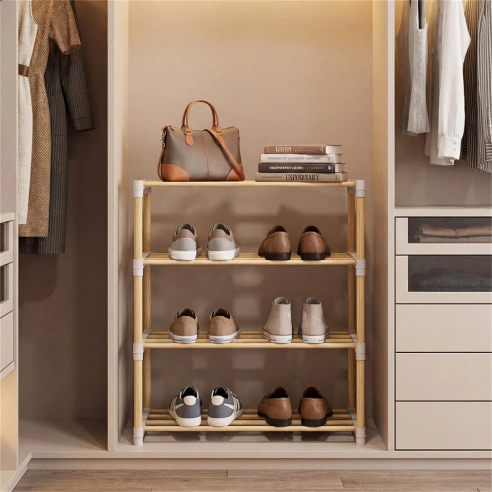4-Tier Solid Pine Wood Shoe Rack Stackable Design Ventilated Slatted Shelves