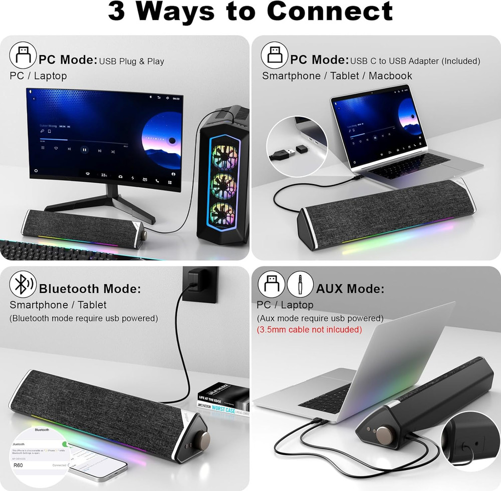 Computer Speakers, USB-Powered Bluetooth PC Soundbar with Dynamic RGB LED Lights