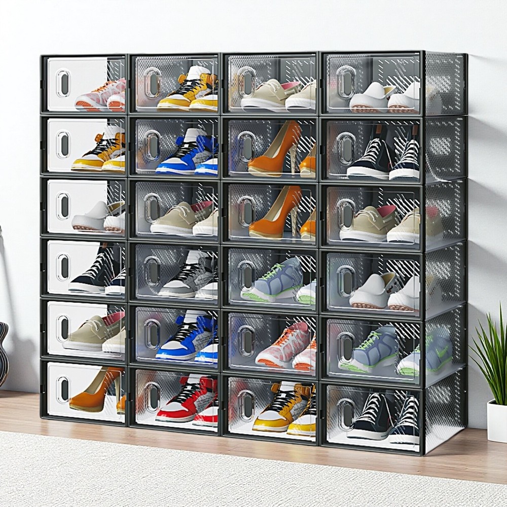 24-Pack Shoe Storage Boxes - Stackable, Door, Plastic Mesh, Black & Small Size