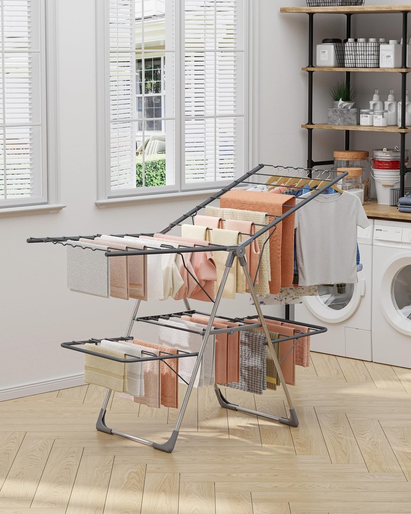 Clothes Drying Rack, Foldable 2-Level Laundry Drying Rack with Height-Adjusta...
