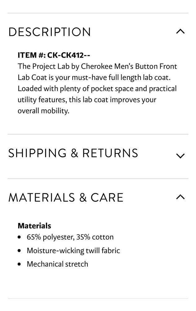 38” Cherokee Project Lab Men’s Labcoat