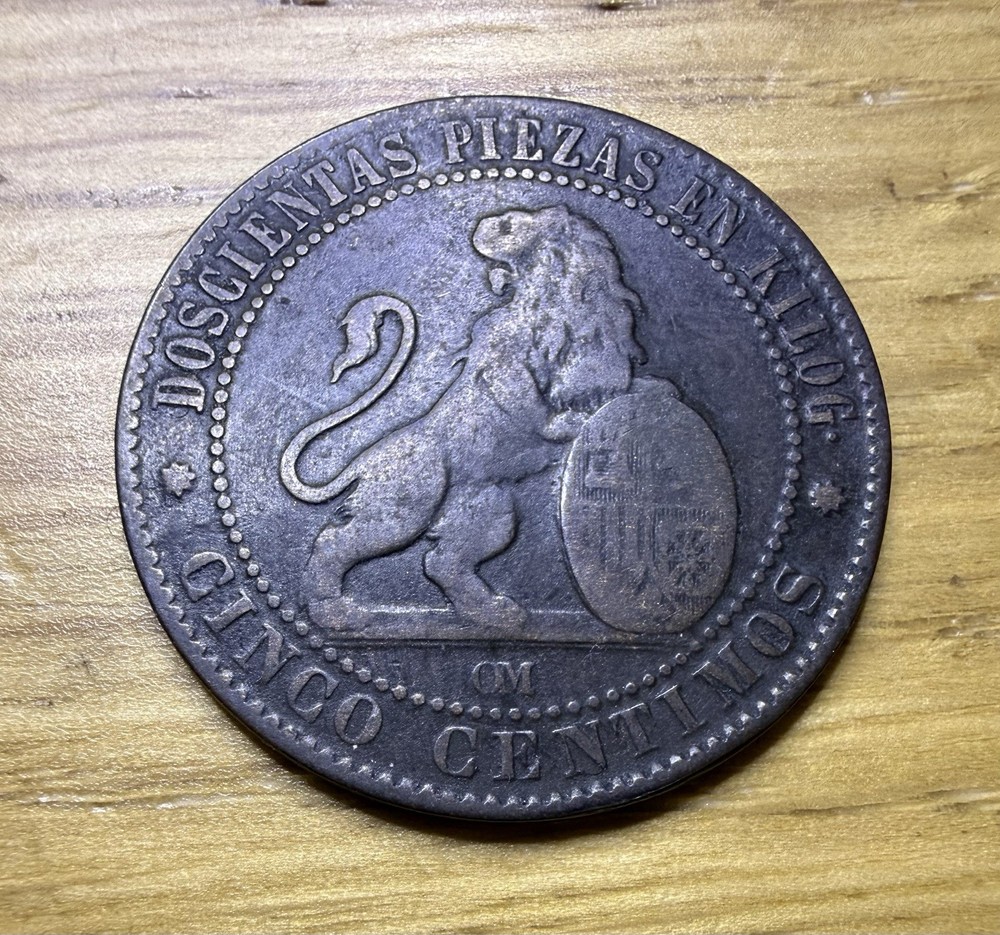 1870 Spain 5 Cinco Five Centimos Coin In Circulated Condition