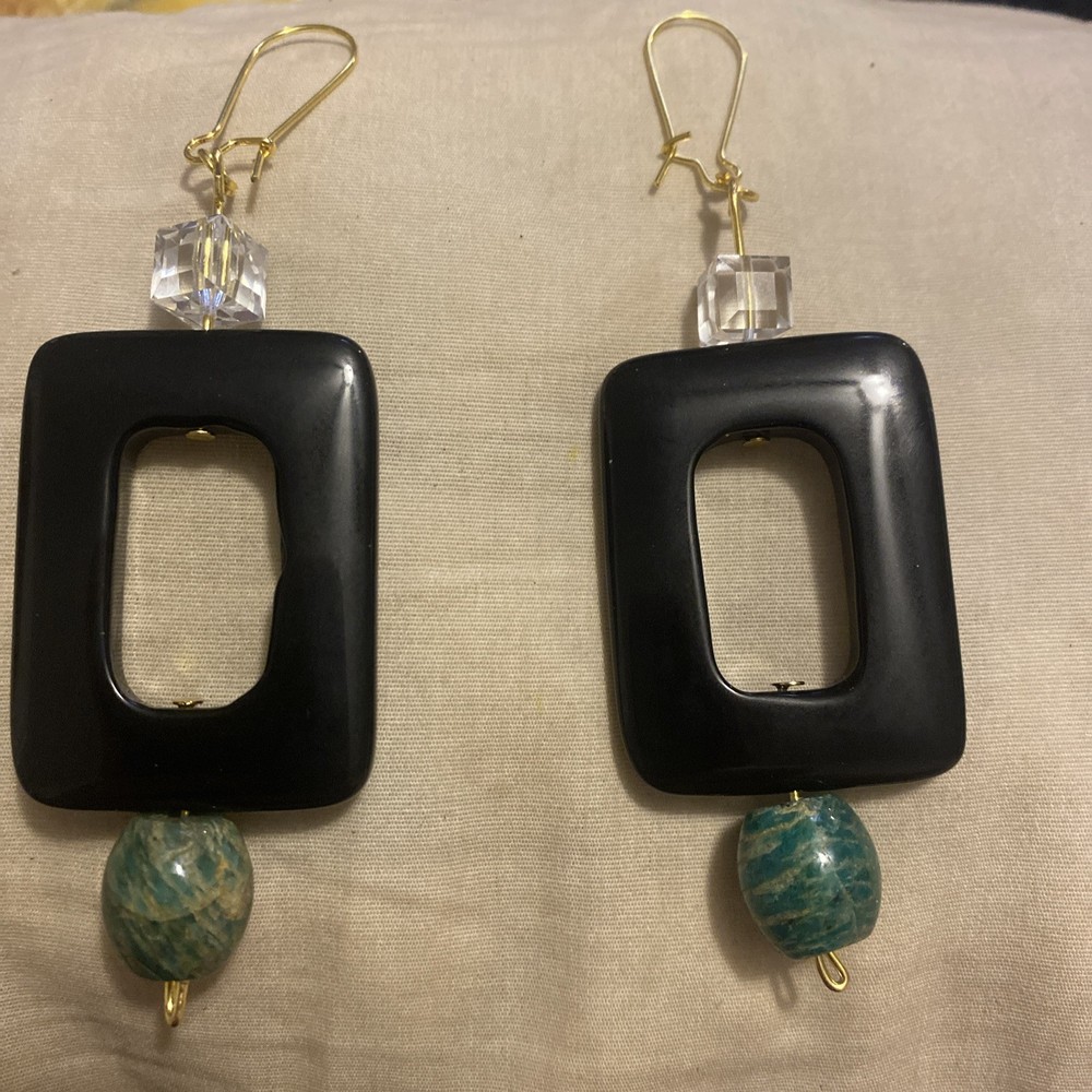 Handcrafted Black Gemstone Flat Rectangle Beaded Dangle Earrings