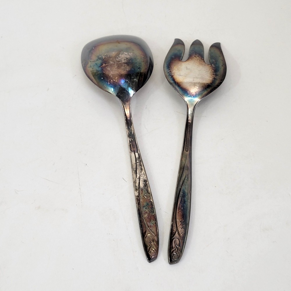 International Deep Silver Salad Servers with Rose Design