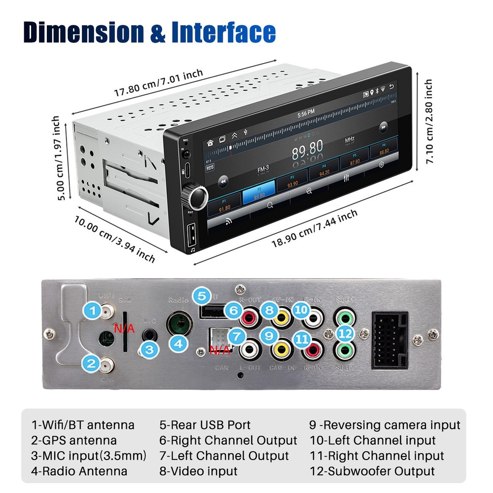 Single 1 Din 4+64G Android 14 Car Stereo IPS Touch Screen GPS USB Bluetooth AUX