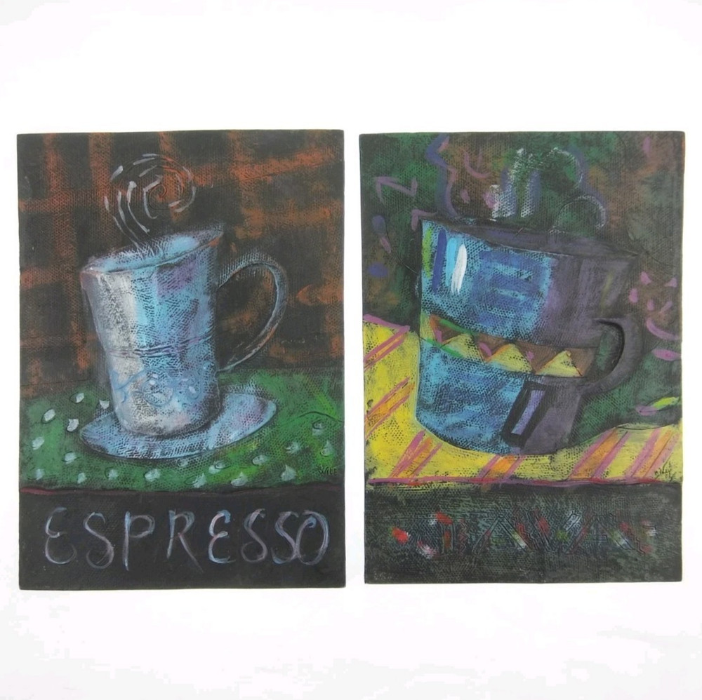 2pc Set Signed Wiley Coffee House Art Java Espresso Tile Plaques Wall Hangings