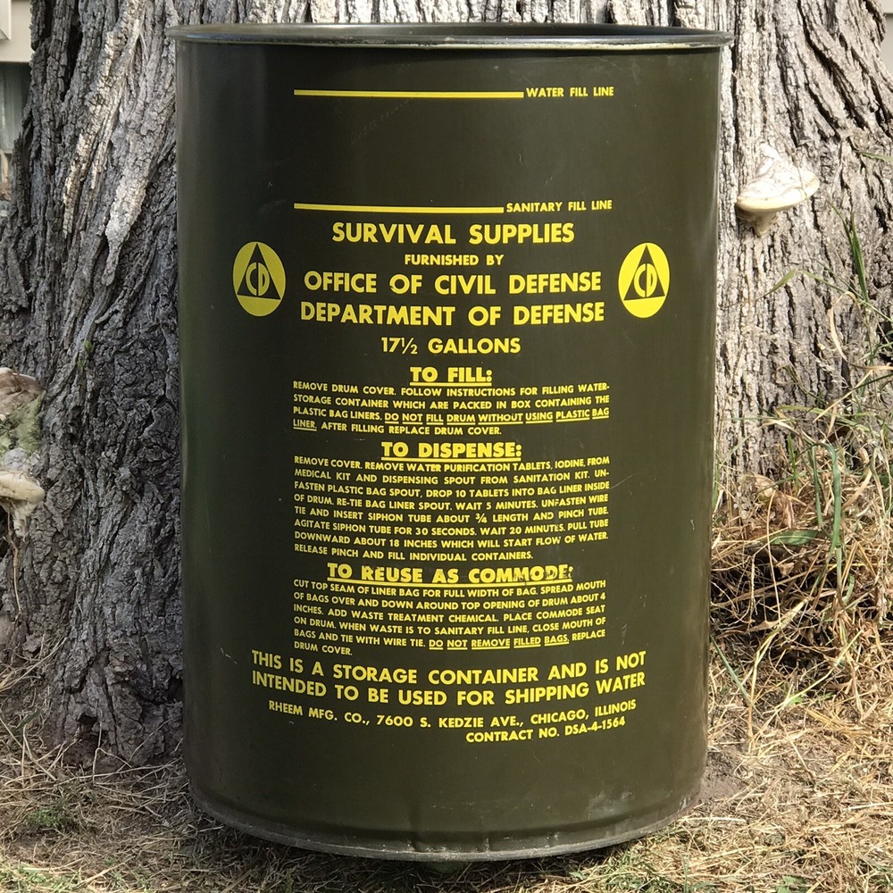 1963 Civil Defense Shelter Survival Supplies Steel Storage Barrel w/Lid Cold War