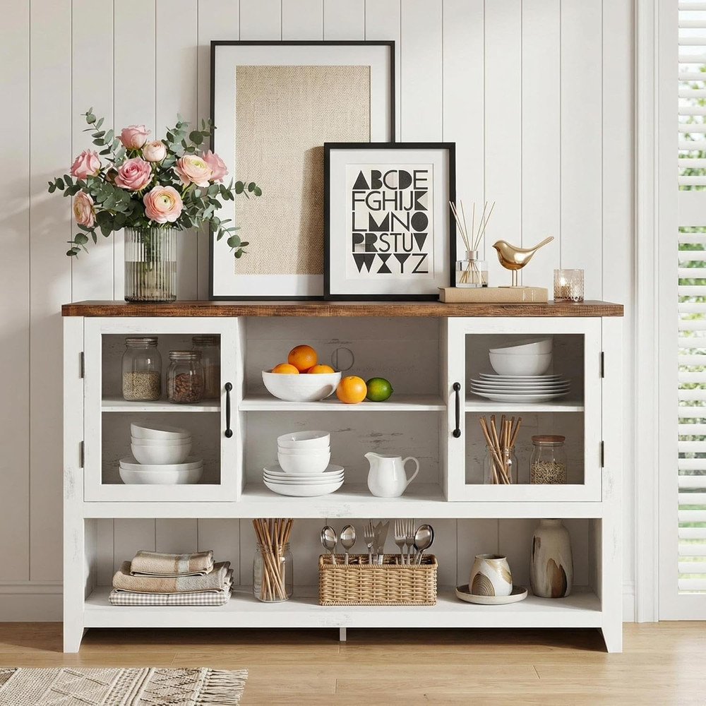 53" Modern Kitchen Buffet Sideboard Cabinet with Glass Doors - White