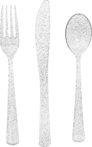 Unique 63648/U Silver Glitter Assorted Plastic Cutlery, 18ct